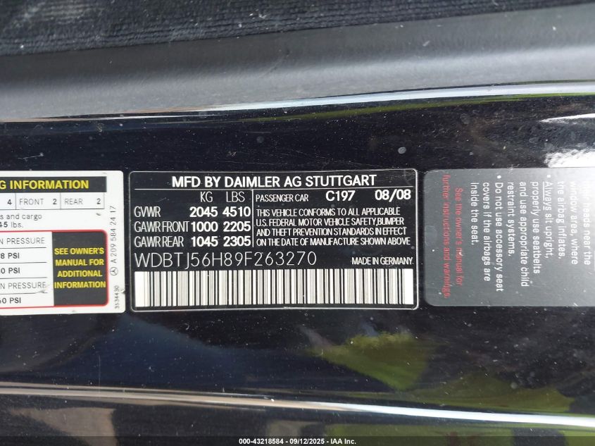 2009 Mercedes-Benz Clk 350 VIN: WDBTJ56H89F263270 Lot: 43218584