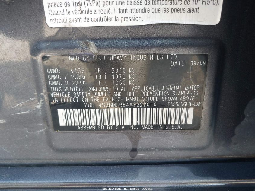2010 Subaru Legacy 2.5I Premium VIN: 4S3BMCB64A3222010 Lot: 43218608