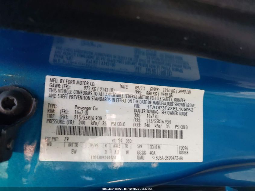 2014 Ford Focus Se VIN: 1FADP3F2XEL165962 Lot: 43218622