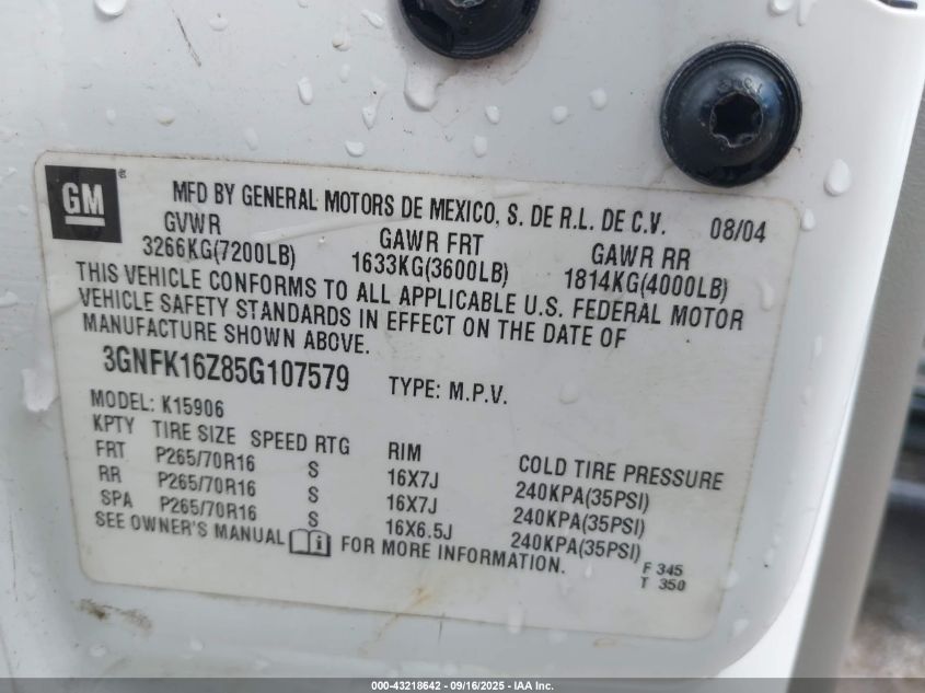 2005 Chevrolet Suburban 1500 Ls VIN: 3GNFK16Z85G107579 Lot: 43218642