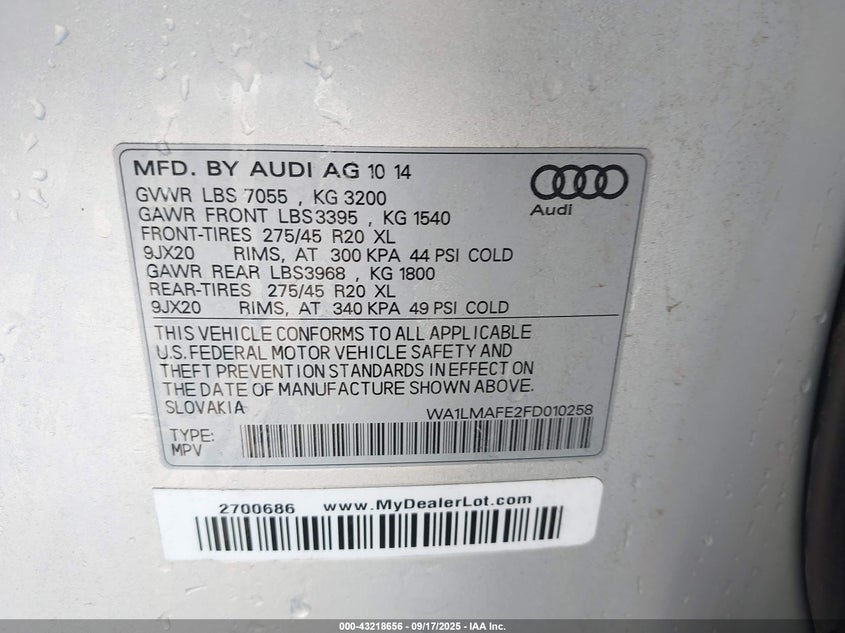 2015 AUDI Q7 3.0 TDI PREMIUM WA1LMAFE2FD010258