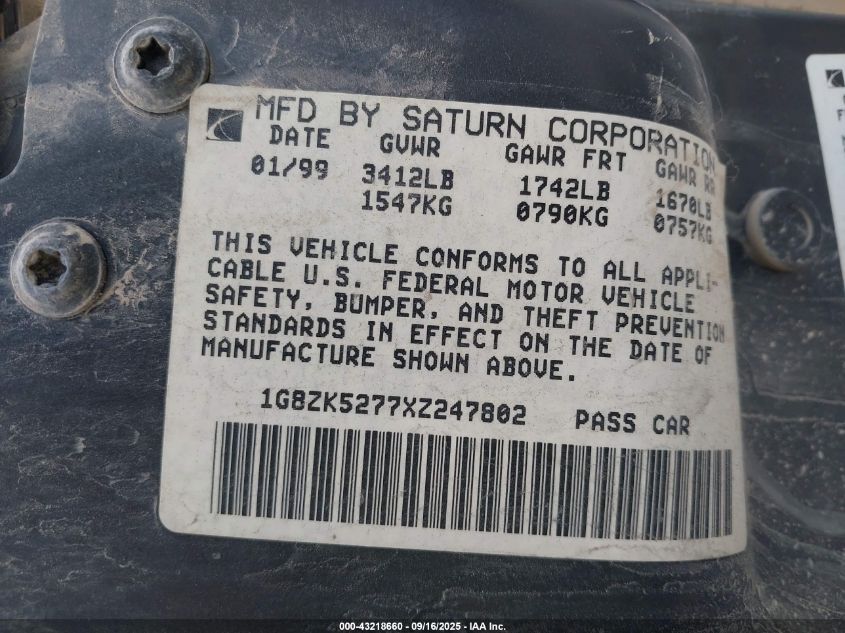 1999 Saturn Sl2 VIN: 1G8ZK5277XZ247802 Lot: 43218660