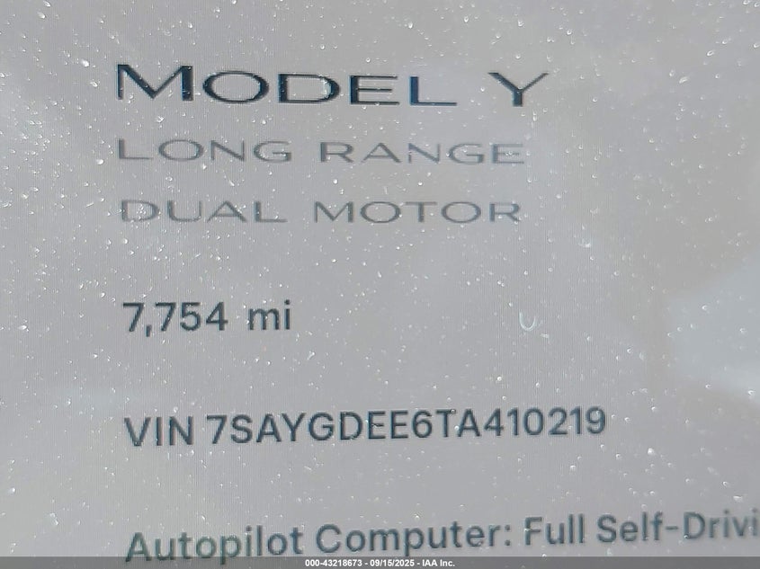 2026 Tesla Model Y Long Range Dual Motor All-Wheel Drive/Long Range Launch Series VIN: 7SAYGDEE6TA410219 Lot: 43218673