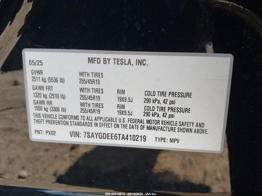 2026 Tesla Model Y Long Range Dual Motor All-Wheel Drive/Long Range Launch Series VIN: 7SAYGDEE6TA410219 Lot: 43218673