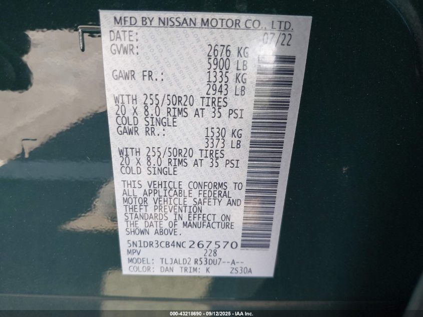 2022 Nissan Pathfinder Sl 2Wd VIN: 5N1DR3CB4NC267570 Lot: 43218690