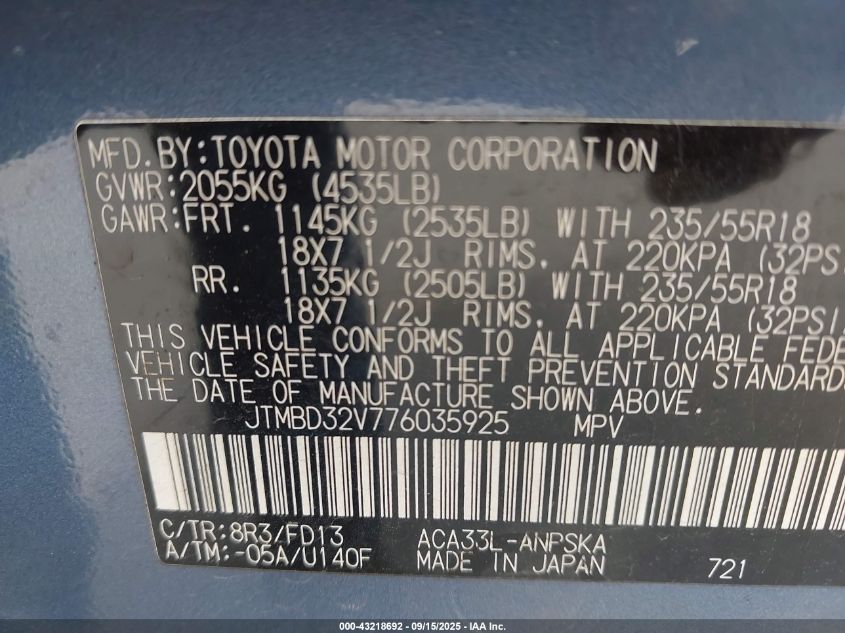 2007 Toyota Rav4 Sport VIN: JTMBD32V776035925 Lot: 43218692