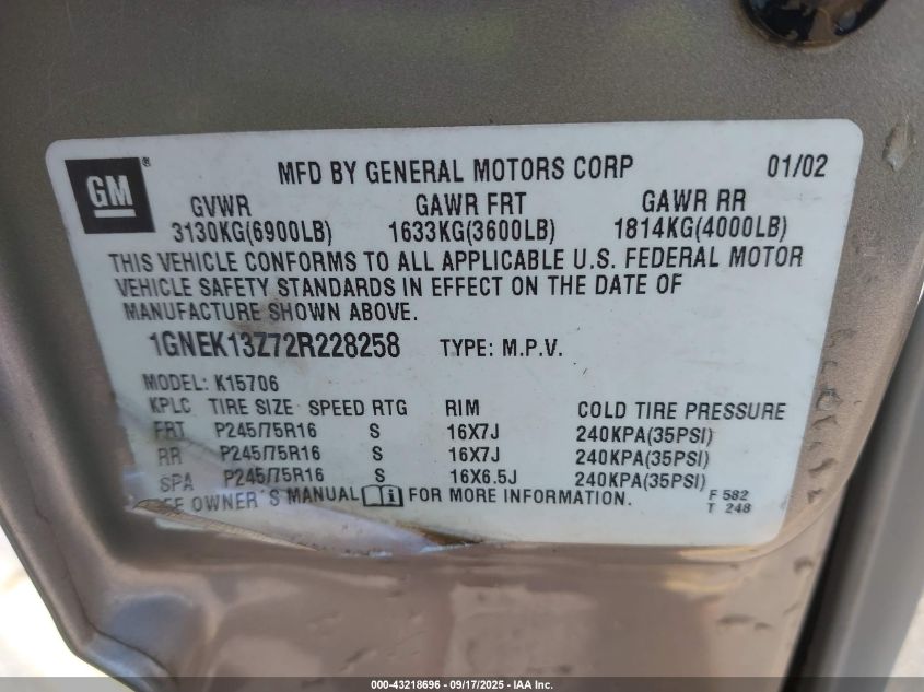 2002 Chevrolet Tahoe Lt VIN: 1GNEK13Z72R228258 Lot: 43218696