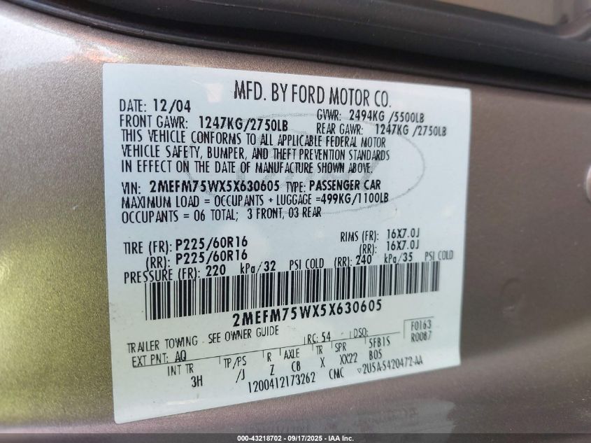 2005 Mercury Grand Marquis Ls/Lse VIN: 2MEFM75WX5X630605 Lot: 43218702