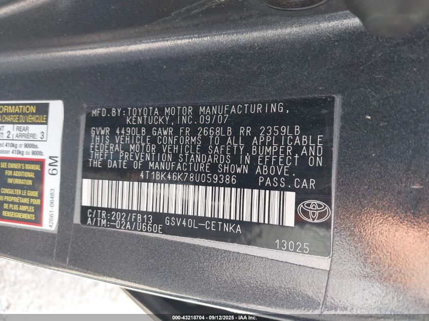 2008 Toyota Camry Le V6 VIN: 4T1BK46K78U059386 Lot: 43218704