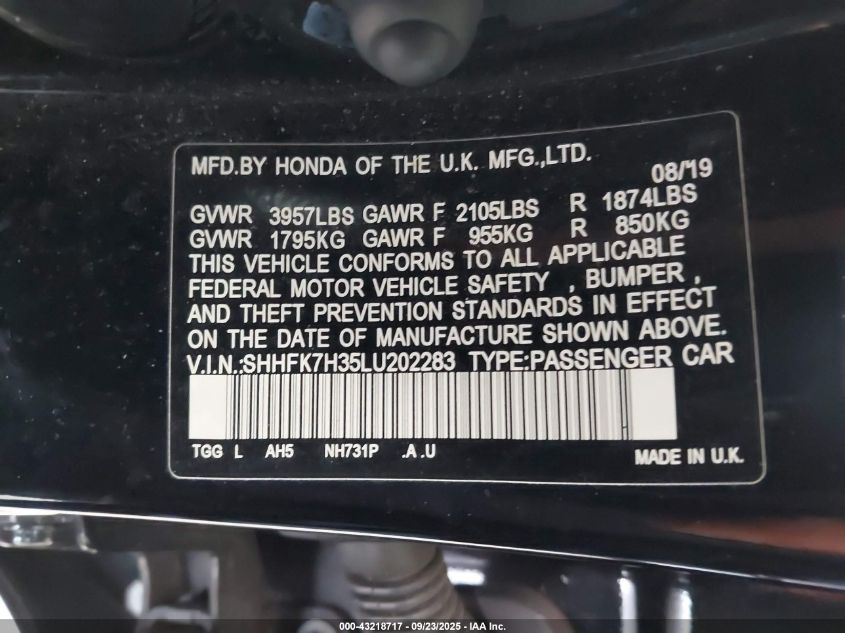 2020 Honda Civic Lx VIN: SHHFK7H35LU202283 Lot: 43218717