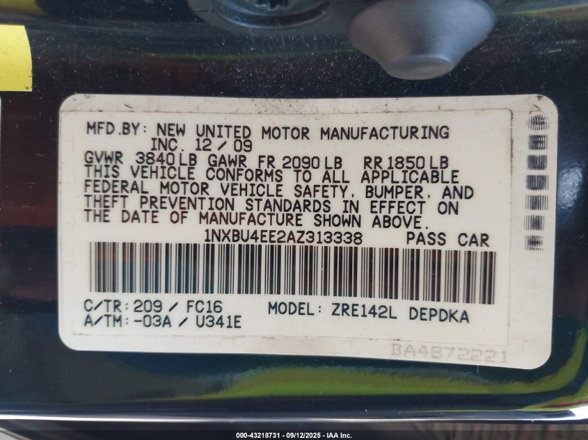 2010 Toyota Corolla Le VIN: 1NXBU4EE2AZ313338 Lot: 43218731