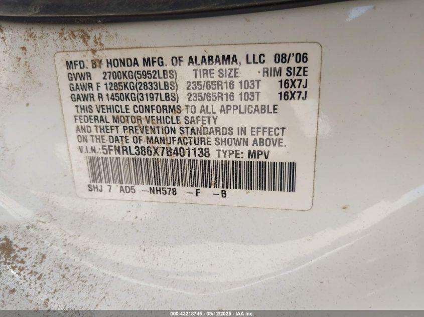 2007 Honda Odyssey Ex-L VIN: 5FNRL386X7B401138 Lot: 43218745