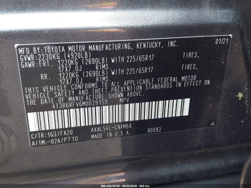 2021 Toyota Rav4 Hybrid Xle VIN: 4T3R6RFV6MU029159 Lot: 43218749