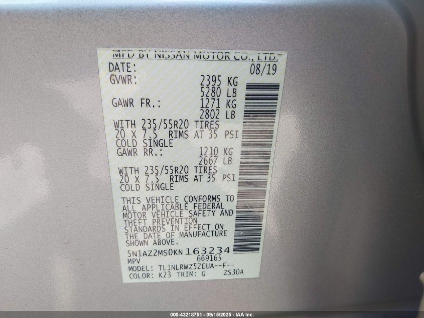 2019 Nissan Murano Sl VIN: 5N1AZ2MS0KN163234 Lot: 43218751