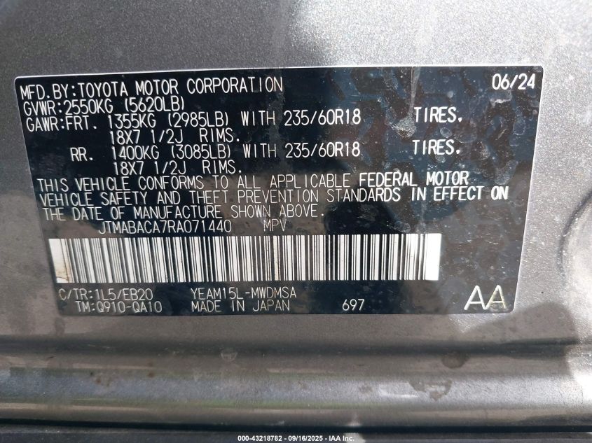 2024 Toyota Bz4X Xle VIN: JTMABACA7RA071440 Lot: 43218782