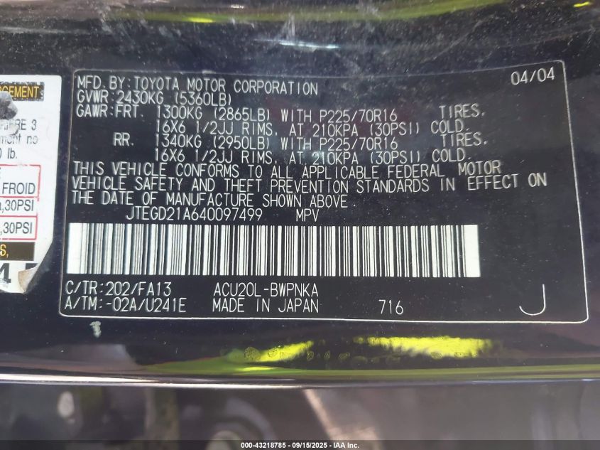 2004 Toyota Highlander VIN: JTEGD21A640097499 Lot: 43218785