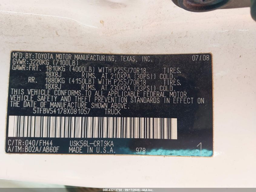 2008 Toyota Tundra Base 5.7L V8 VIN: 5TFBV54178X081057 Lot: 43218788