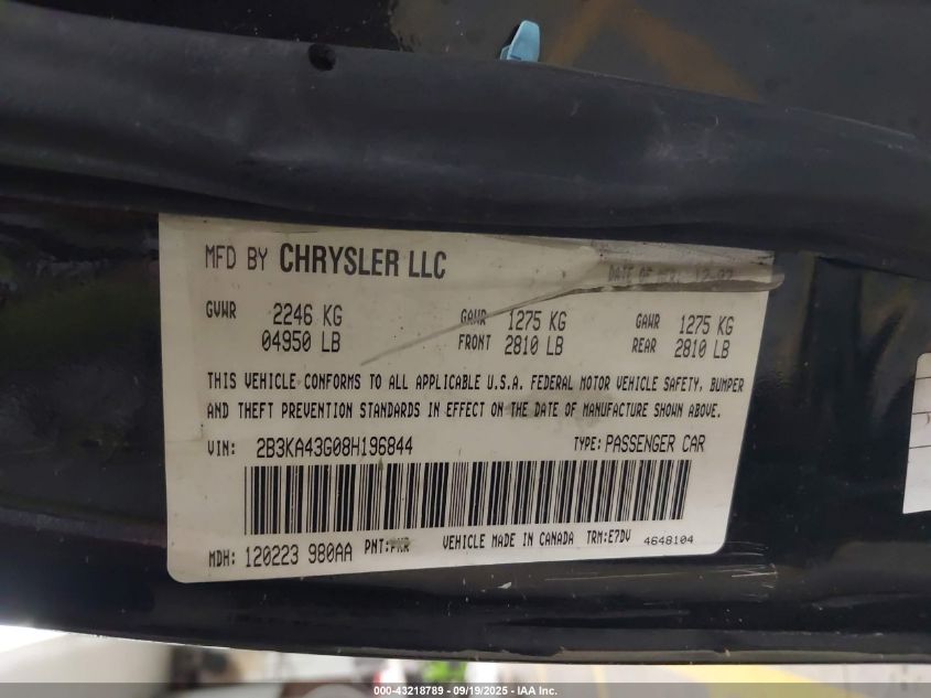 2008 Dodge Charger VIN: 2B3KA43G08H196844 Lot: 43218789