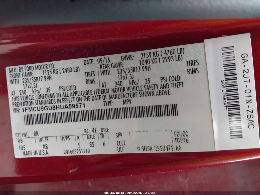 2017 Ford Escape Se VIN: 1FMCU9GD8HUA59571 Lot: 43218813