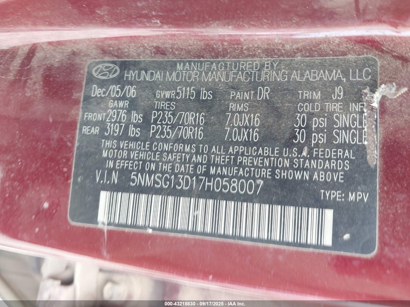 2007 Hyundai Santa Fe Gls VIN: 5NMSG13D17H058007 Lot: 43218830