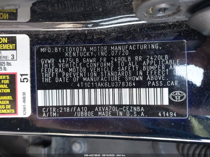 2020 TOYOTA CAMRY LE - 4T1C11AK6LU378364