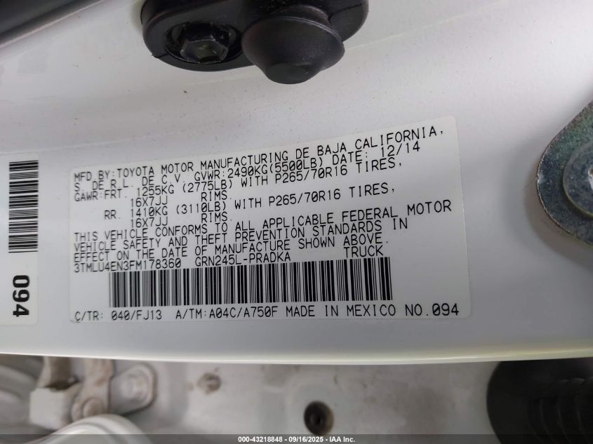 2015 Toyota Tacoma Base V6 VIN: 3TMLU4EN3FM178360 Lot: 43218848