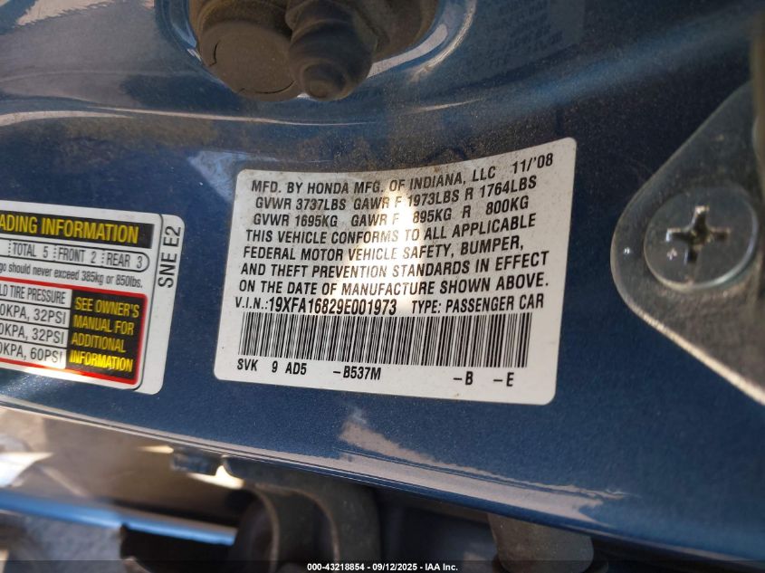 2009 Honda Civic Ex VIN: 19XFA16829E001973 Lot: 43218854