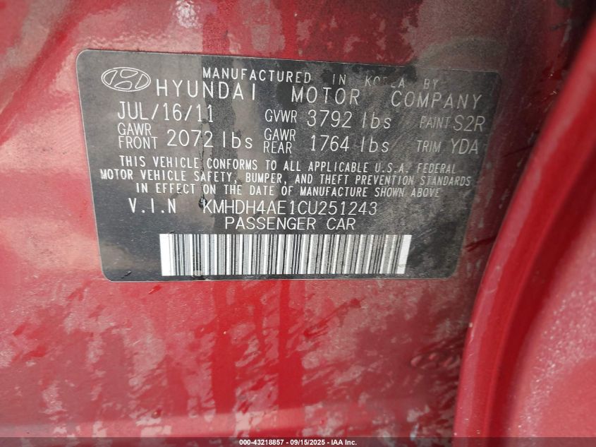 2012 Hyundai Elantra Gls (Ulsan Plant) VIN: KMHDH4AE1CU251243 Lot: 43218857