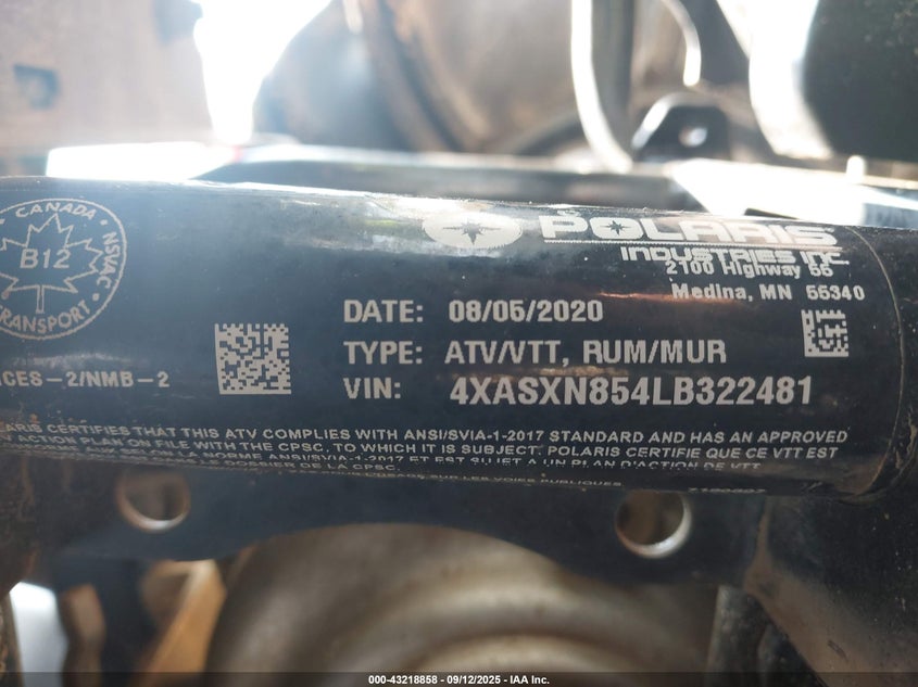 2020 Polaris Sportsman 850 High Lifter Edition VIN: 4XASXN854LB322481 Lot: 43218858