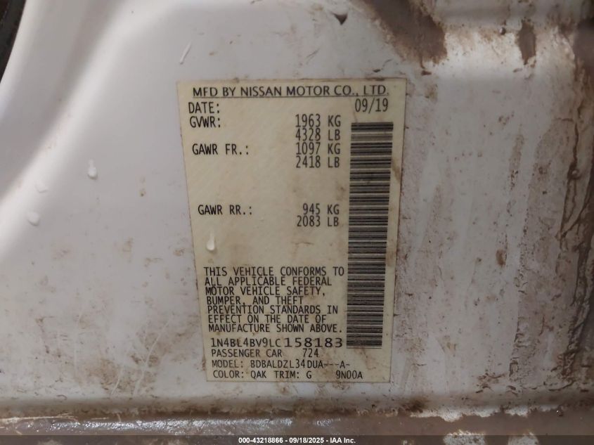 2020 Nissan Altima S Fwd VIN: 1N4BL4BV9LC158183 Lot: 43218866