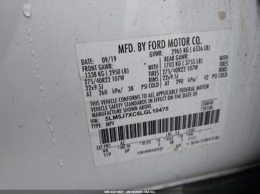 2020 Lincoln Aviator Reserve VIN: 5LM5J7XC6LGL10475 Lot: 43218887
