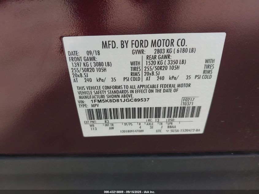 2018 Ford Explorer Xlt VIN: 1FM5K8D81JGC89537 Lot: 43218889