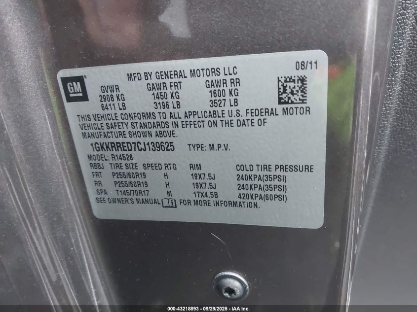 2012 GMC Acadia Slt-1 VIN: 1GKKRRED7CJ139625 Lot: 43218893