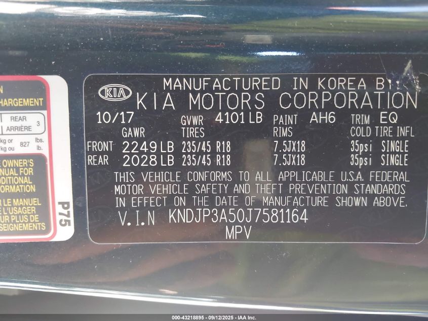 2018 Kia Soul + VIN: KNDJP3A50J7581164 Lot: 43218895