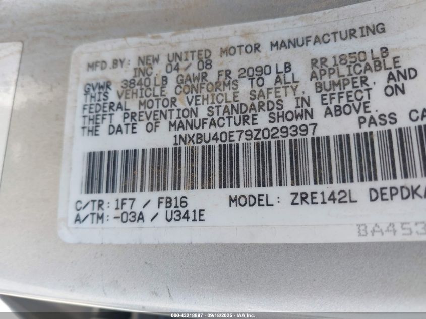 2009 Toyota Corolla Le VIN: 1NXBU40E79Z029397 Lot: 43218897