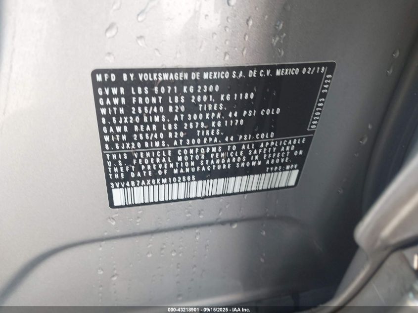 2019 Volkswagen Tiguan 2.0T Sel Premium/2.0T Sel Premium R-Line VIN: 3VV4B7AX6KM102565 Lot: 43218901