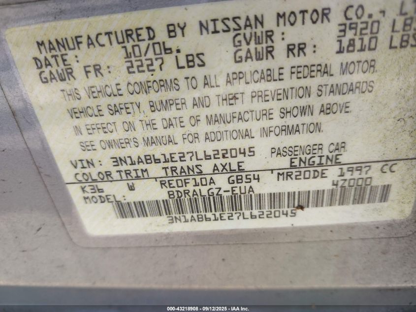 2007 Nissan Sentra 2.0Sl VIN: 3N1AB61E27L622045 Lot: 43218908