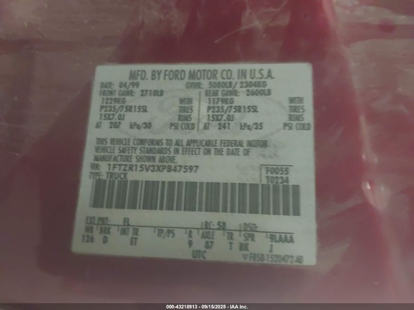 1999 Ford Ranger Xl/Xlt VIN: 1FTZR15V3XPB47597 Lot: 43218913