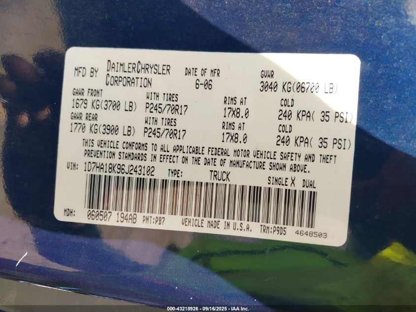 2006 Dodge Ram 1500 St VIN: 1D7HA18K96J243102 Lot: 43218926