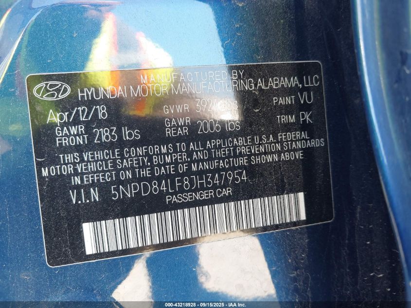 2018 Hyundai Elantra Value Edition VIN: 5NPD84LF8JH347954 Lot: 43218928