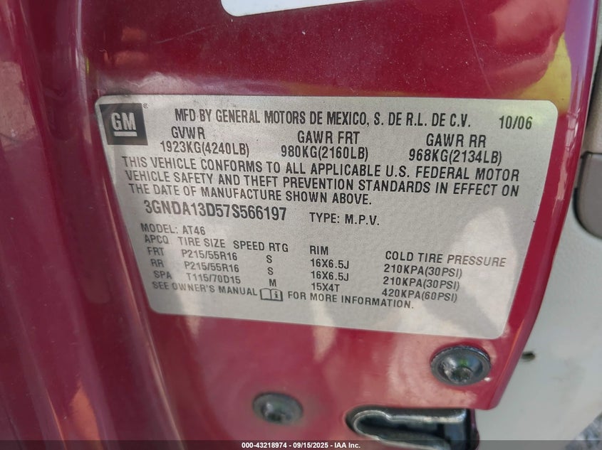 2007 Chevrolet Hhr Ls VIN: 3GNDA13D57S566197 Lot: 43218974