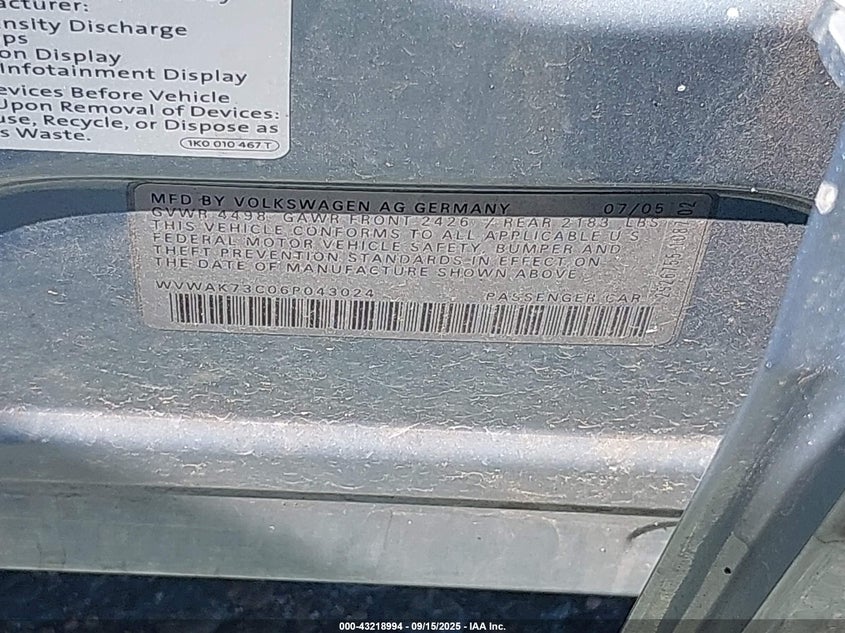 2006 Volkswagen Passat 2.0T/Value Edition VIN: WVWAK73C06P043024 Lot: 43218994