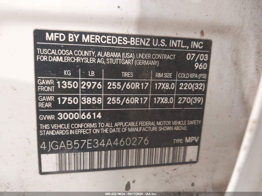 2004 Mercedes-Benz Ml 350 4Matic VIN: 4JGAB57E34A460276 Lot: 43219034