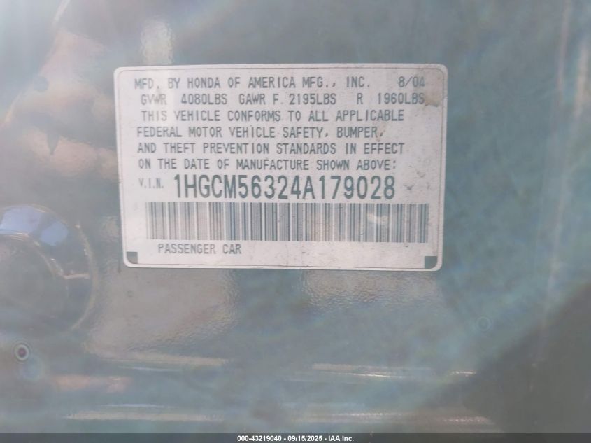 2004 Honda Accord 2.4 Lx VIN: 1HGCM56324A179028 Lot: 43219040