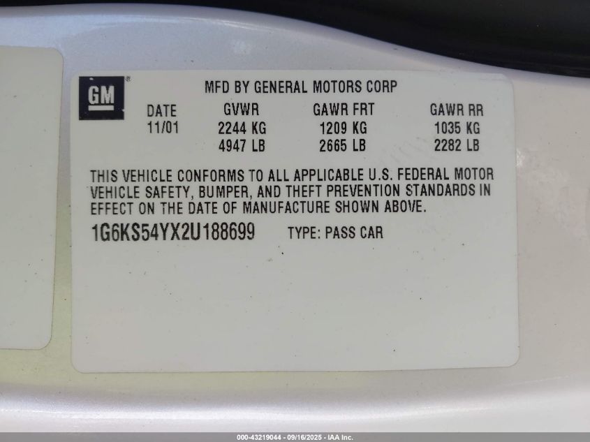 2002 Cadillac Seville Sls VIN: 1G6KS54YX2U188699 Lot: 43219044
