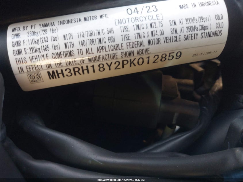 2023 Yamaha Yzfr3 A VIN: MH3RH18Y2PK012859 Lot: 43219050