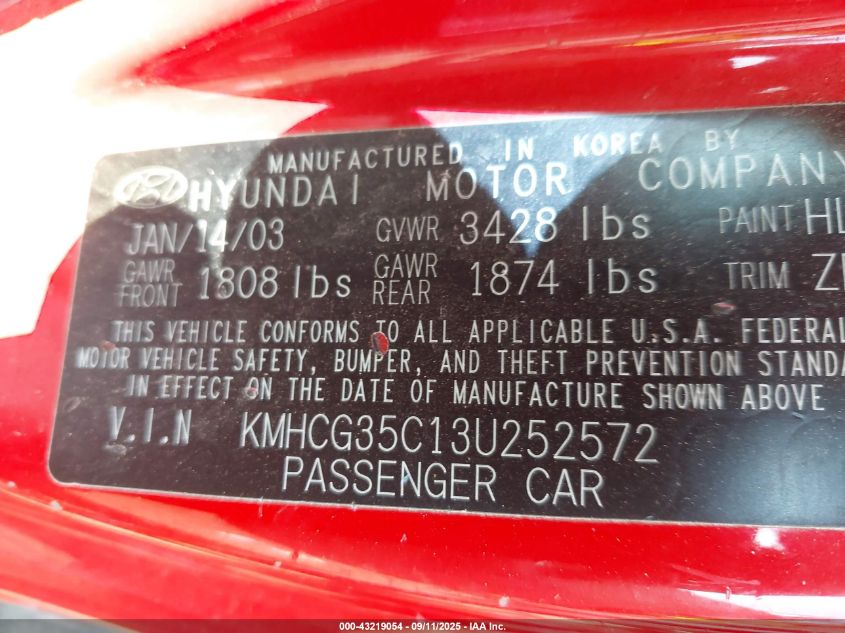2003 Hyundai Accent Gl VIN: KMHCG35C13U252572 Lot: 43219054