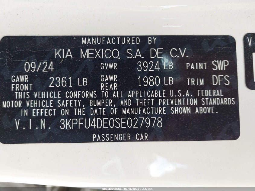 2025 Kia K4 Ex VIN: 3KPFU4DE0SE027978 Lot: 43219066