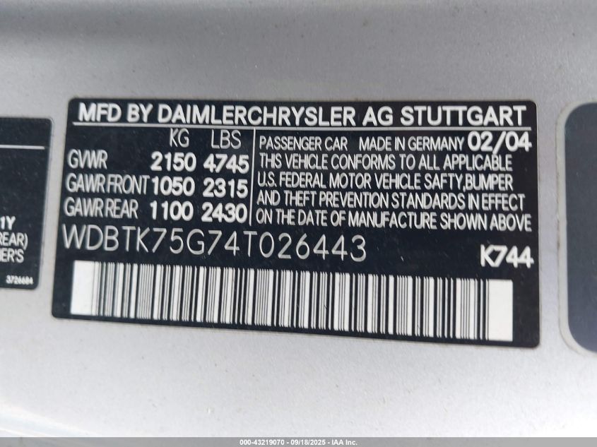 2004 Mercedes-Benz Clk 500 VIN: WDBTK75G74T026443 Lot: 43219070