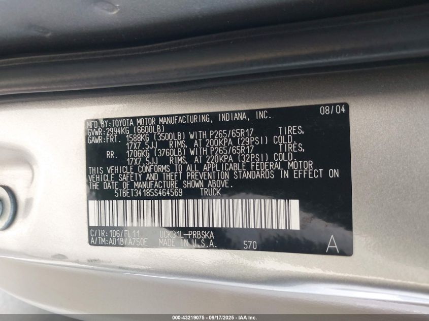 2005 Toyota Tundra Sr5 V8 VIN: 5TBET34185S464569 Lot: 43219075